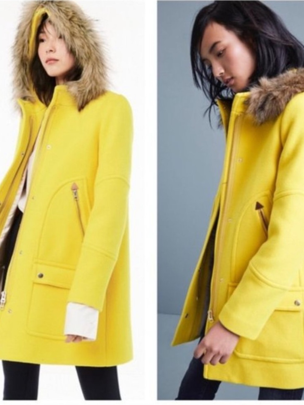 J. Crew Yellow Wool-Blend Pea Coat with Fur-Trim Hood